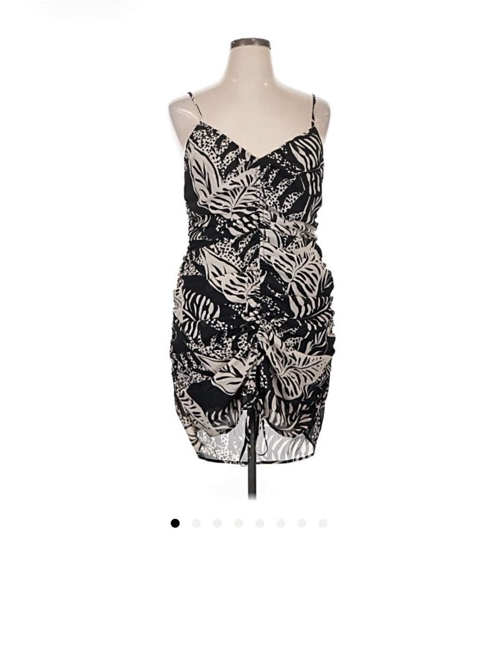 Ruched Black & White Leaf-Print Spaghetti Strap Mini Dress